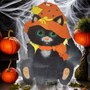 Vintage Eureka Halloween Die Cut Large Black Cat Hanging Decoration 2 Sided 20"